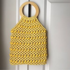 Boho Macrame Crochet Beaded Retro 70’s Vintage Style Wooden Handle Tote Purse
